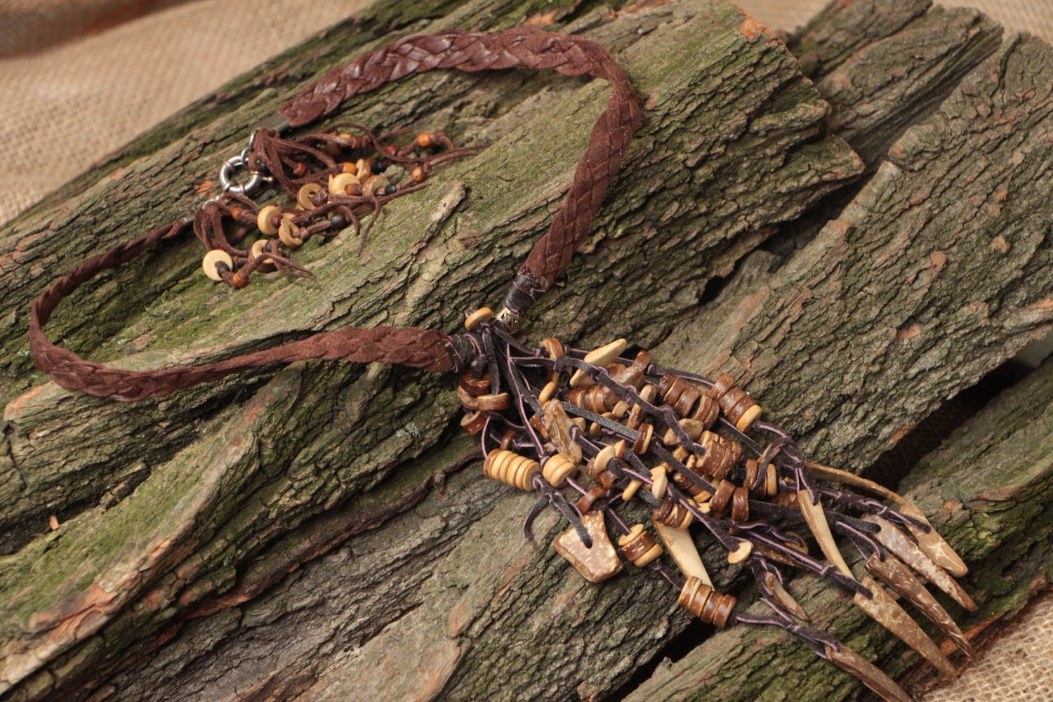 Handmade designer brown genuine leather necklace with bones and fringe photo 1