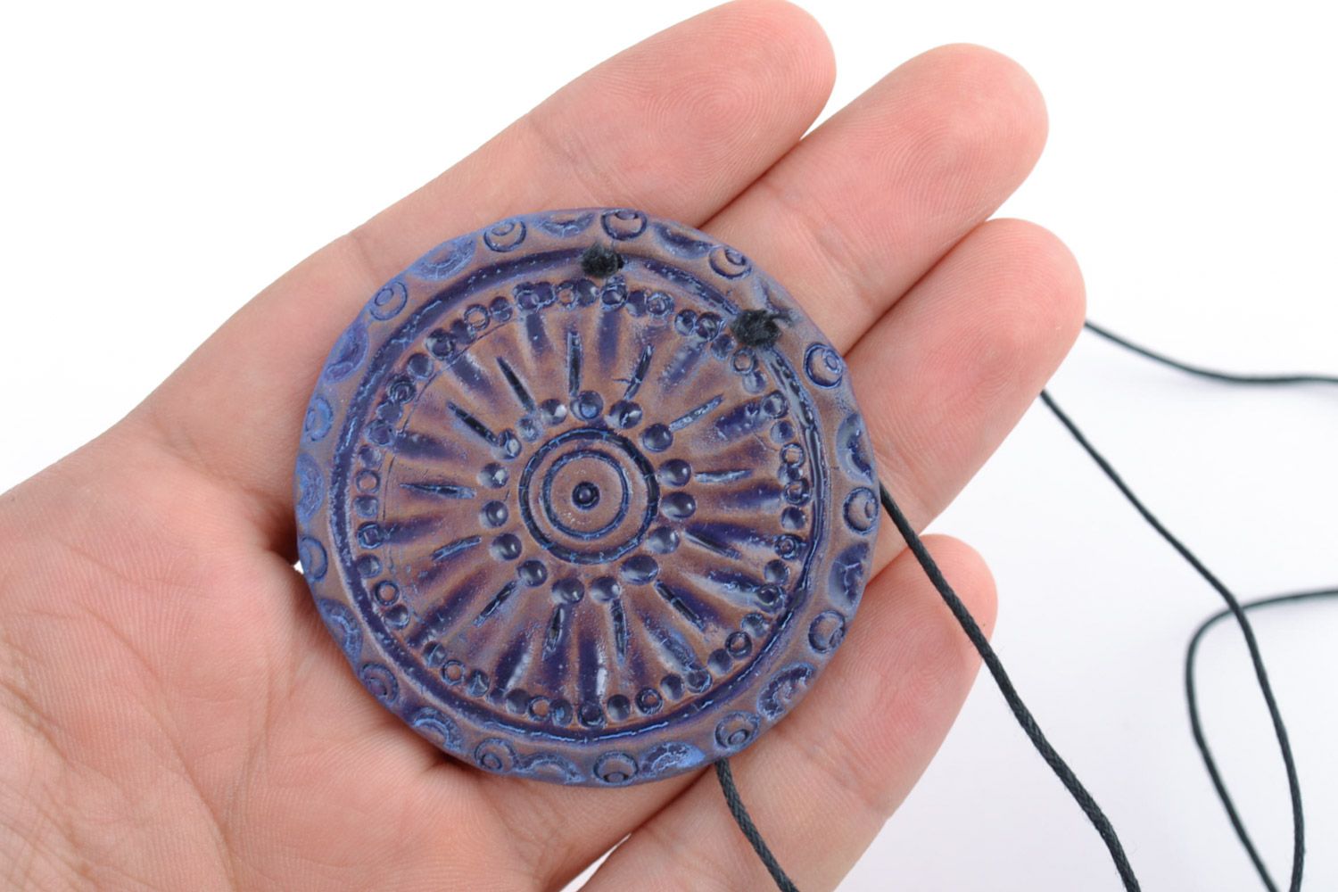 Blue round handmade red clay pendant with cord photo 2