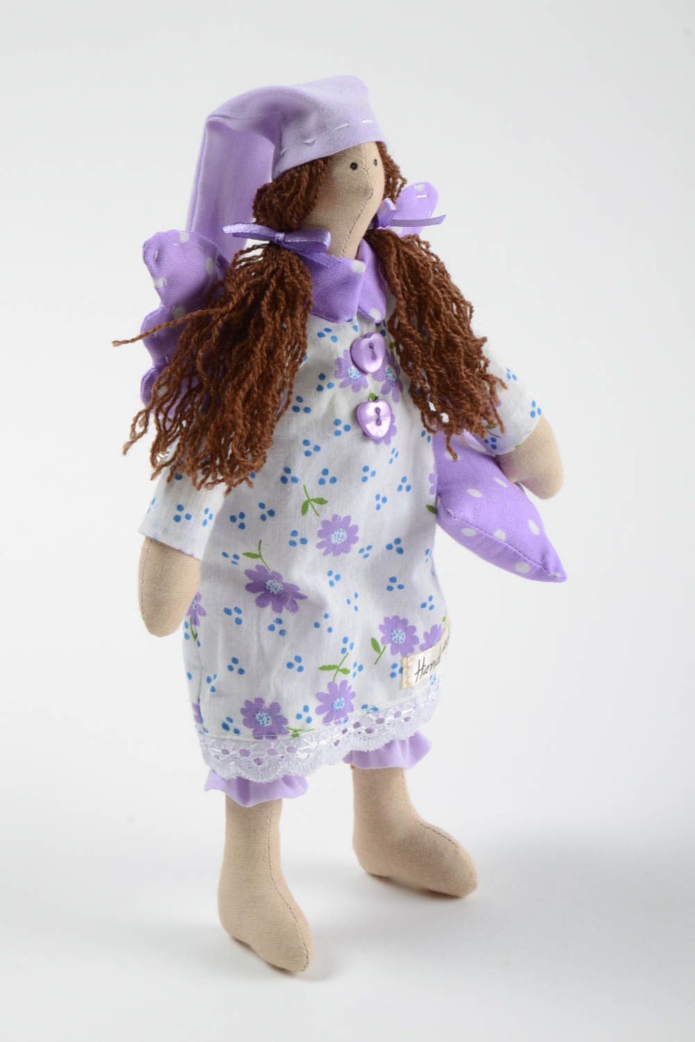 Poupée en tissu faite main en coton jouet pour enfant Ange en robe mauve photo 2