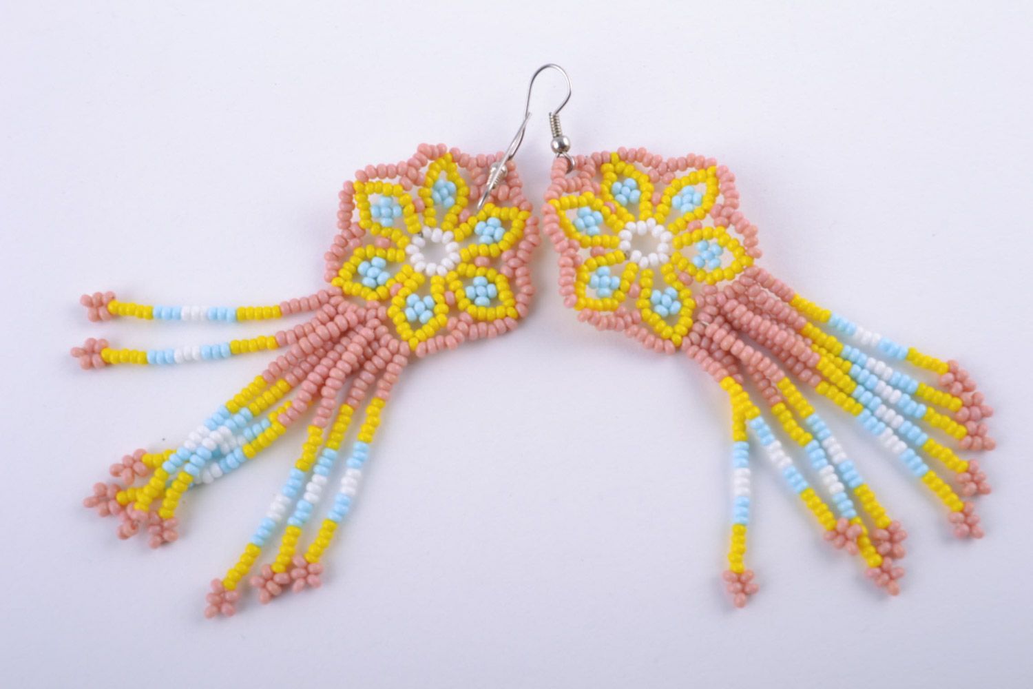 Beautiful bright handmade women's long beaded earrings photo 3
