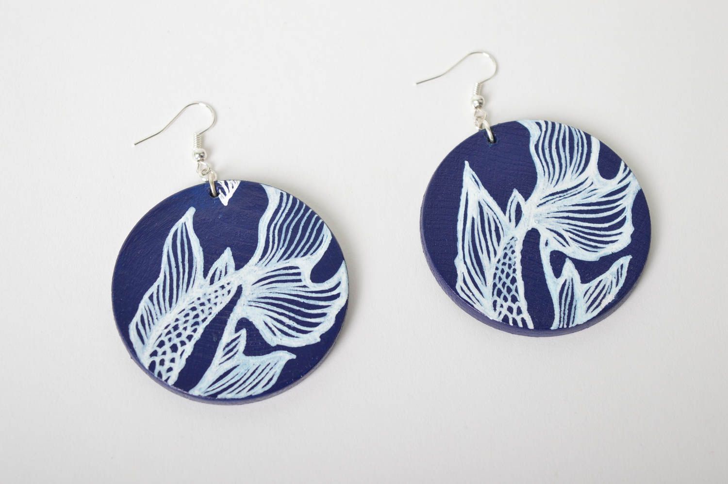 Wooden earrings handmade round earrings cute earrings with fishes gift for girls photo 2