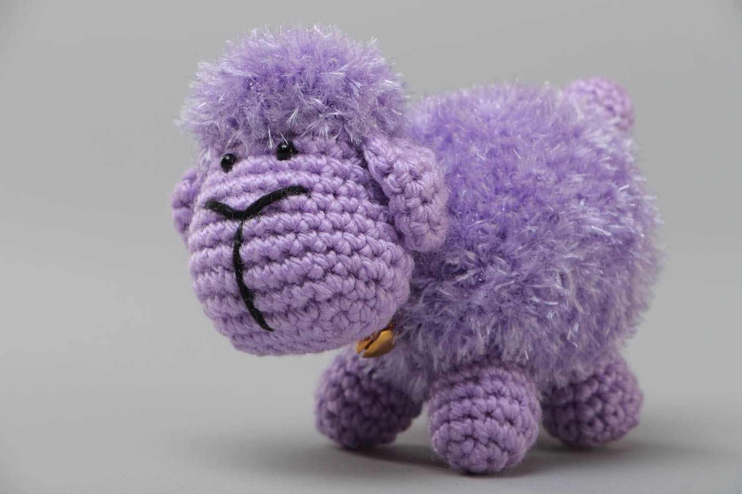 Handmade small soft toy lamb crocheted of acrylic threads of violet color photo 2