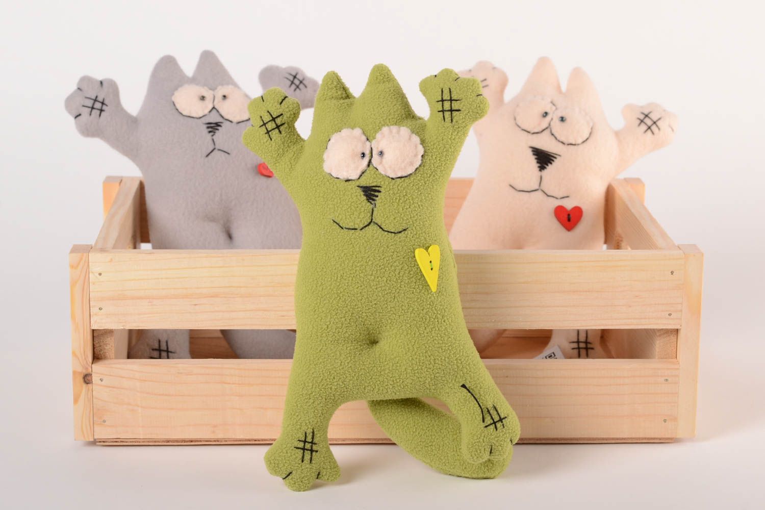 Handmade designer bright toy unusual green textile cat stylish funny toy photo 1