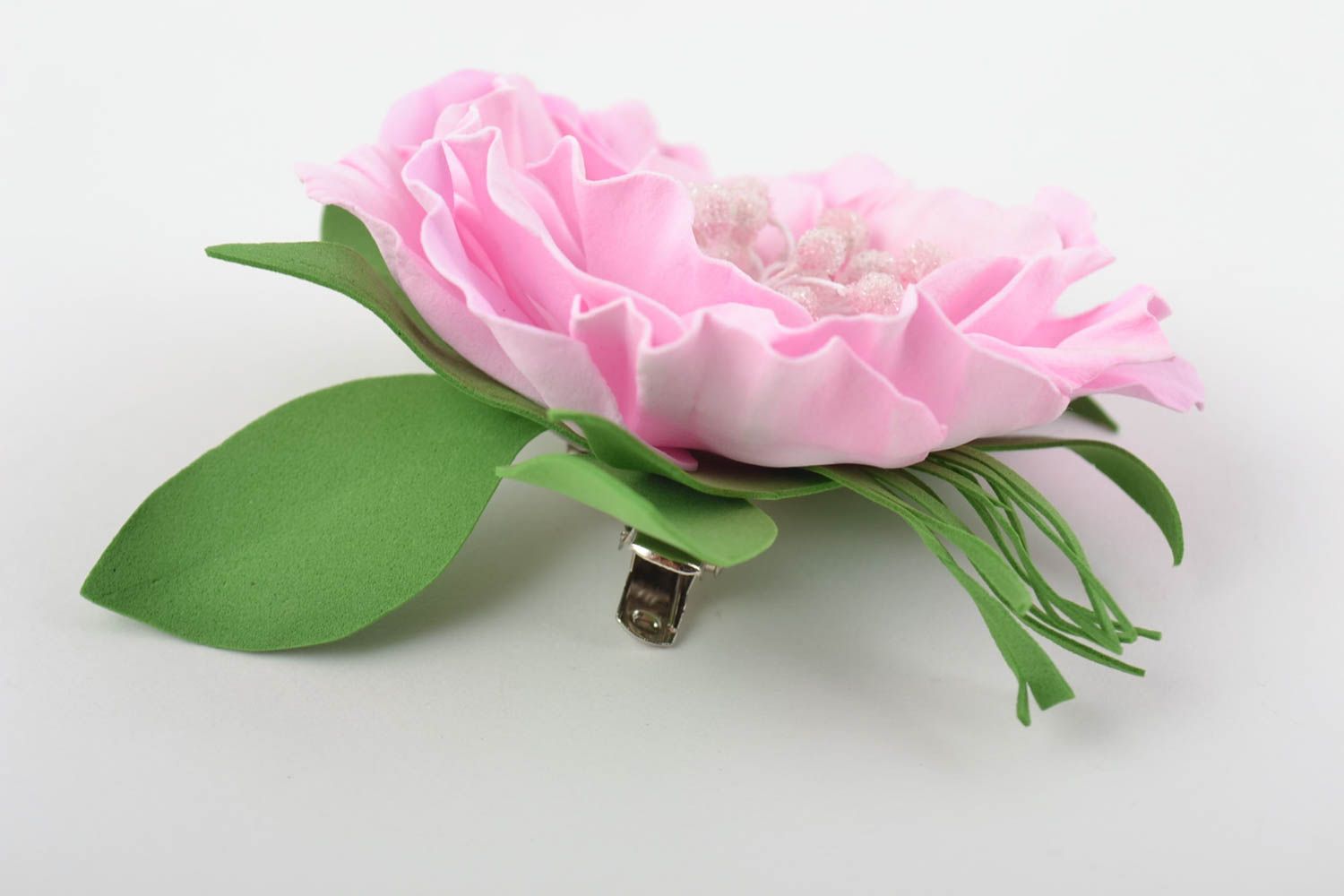 Broche barrette à cheveux en foamiran faite main en forme de fleur rose photo 9