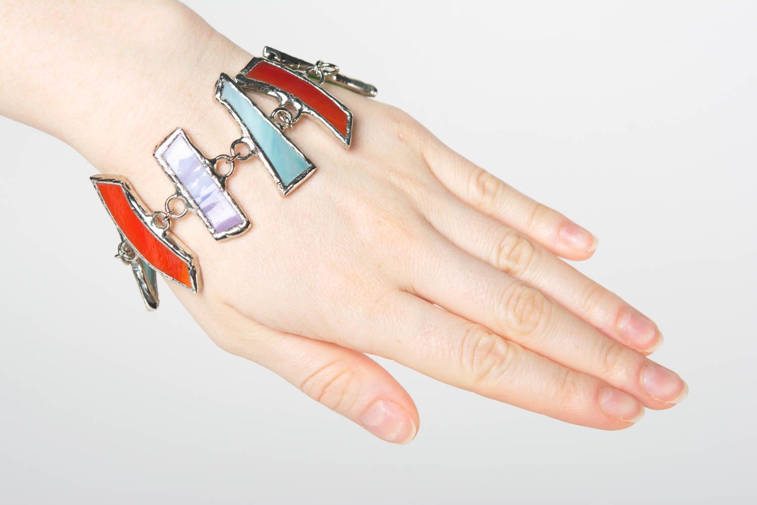Designer handmade women's wrist bracelet red blue and green glass and metal photo 3
