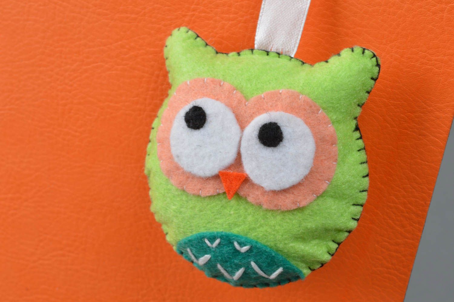 Handmade designer beautiful ribbon bookmark with small charm light green felt owl photo 3
