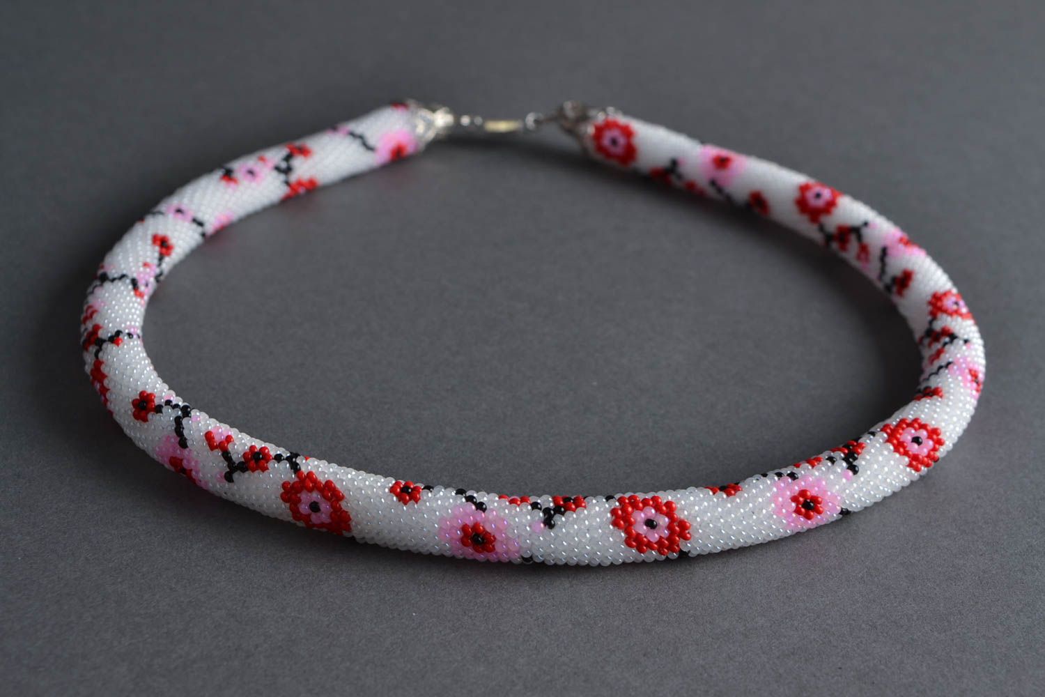 Beaded cord necklace handmade designer jewelry Blooming sacura photo 1