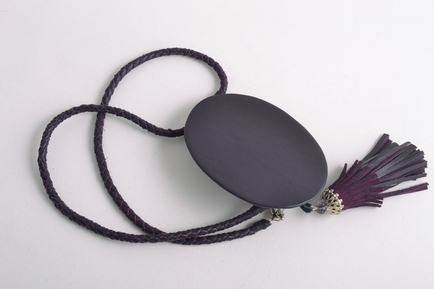 Handmade beautiful leather pendant on a long cord with with natural amethyst stone photo 4