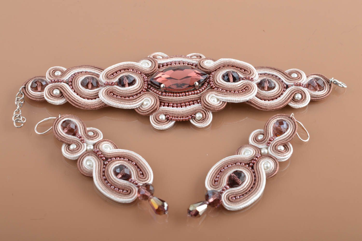 Handmade massive beige bracelet and earrings created using soutache technique photo 5