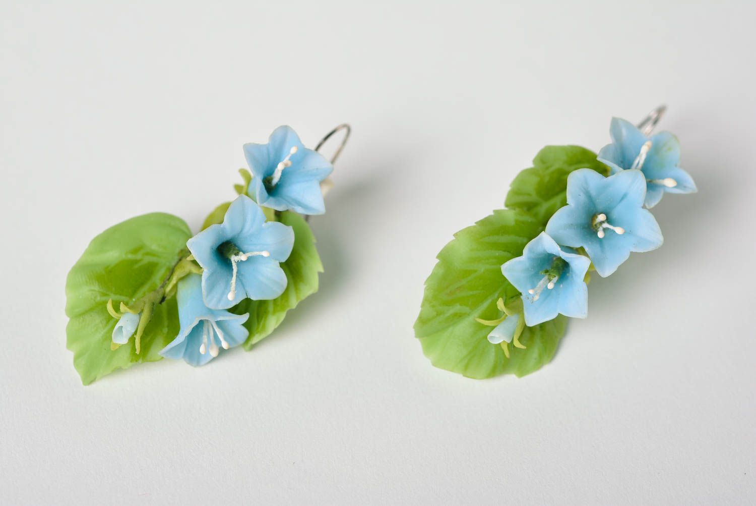 Long designer dangling earrings hand made of polymer clay blue flowers photo 2