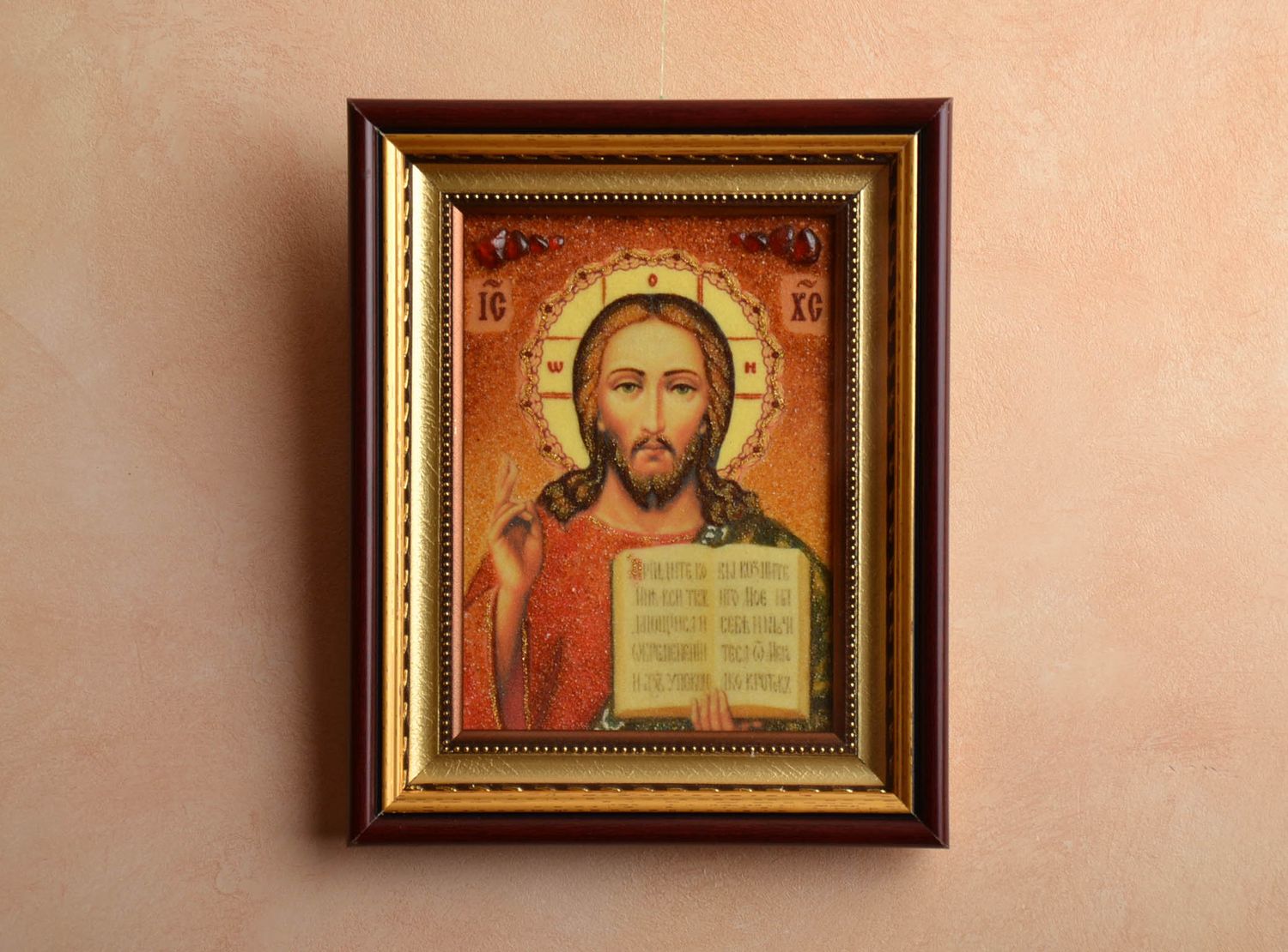 Amber decorated Orthodox icon of Jesus Christ photo 3