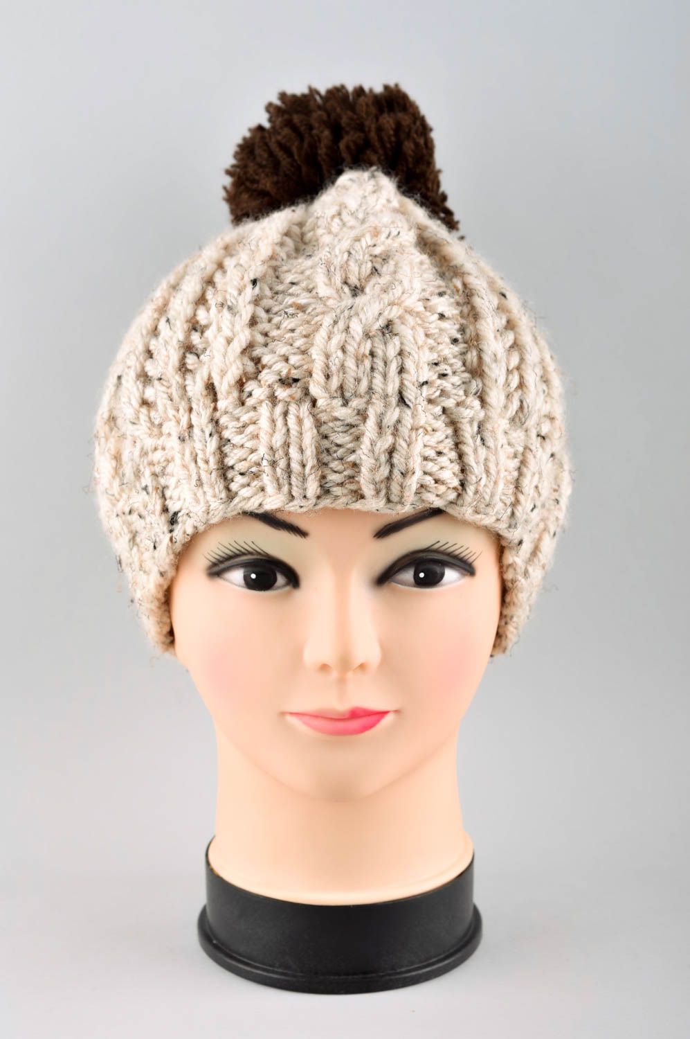 Handmade womens headwear warm winter cap unusual knitted cap with pompon photo 2