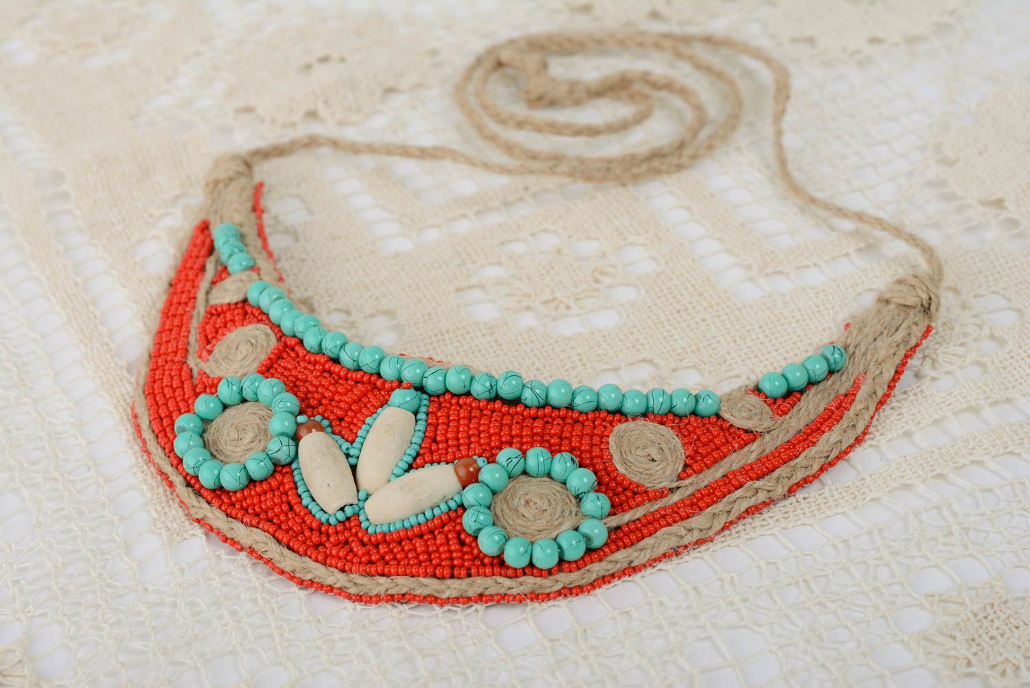 Handmade bead embroidered necklace with natural stones in turquoise and red colors photo 1