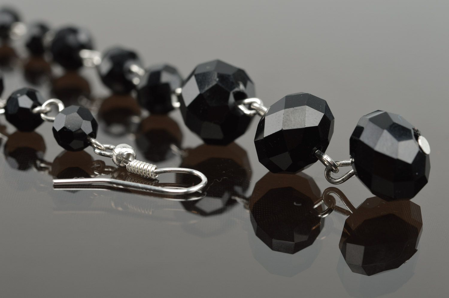 Elegant evening handmade long beaded earrings with black faceted stones  photo 4