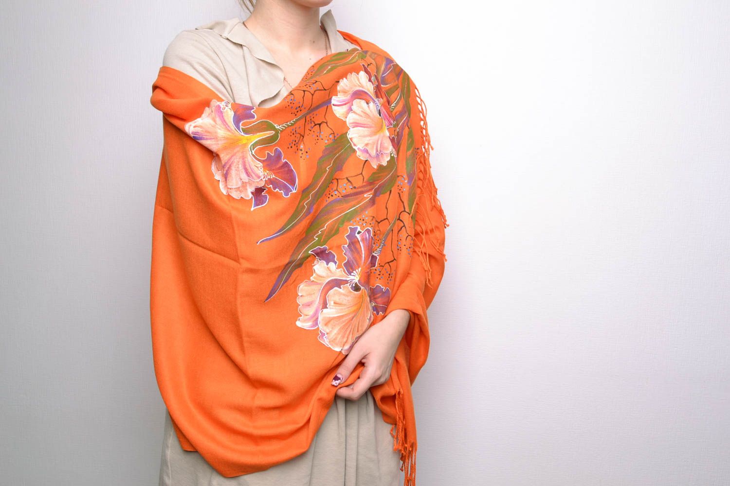 Теплый шарф из кашемира с росписью оранжевый  фото 1