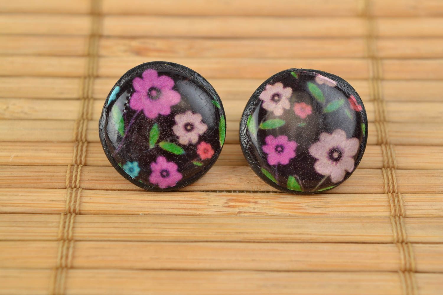 Handmade decoupage polymer clay round stud earrings with epoxy resin Flowers photo 1