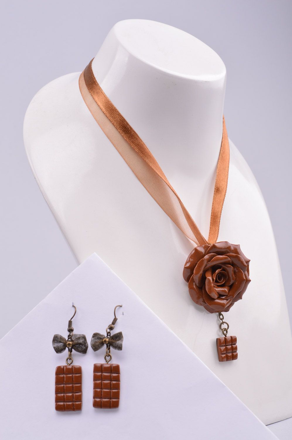 Set of handmade polymer clay jewelry necklace and earrings Chocolate photo 1