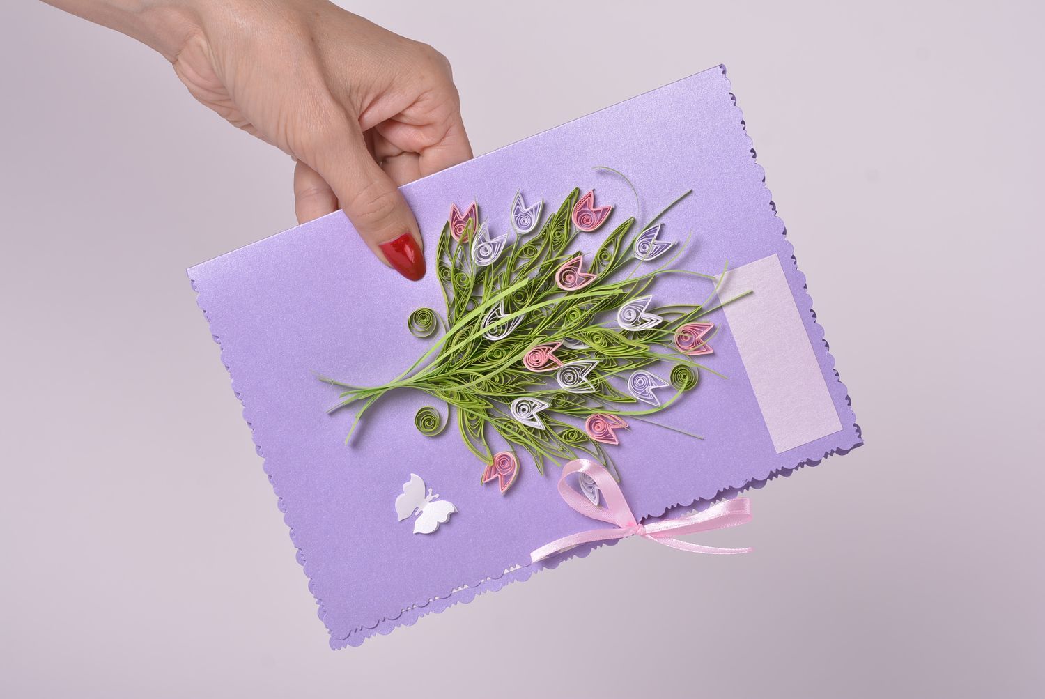 Carte de voeux fait main avec bouquet de fleurs ton mauve Cadeau original photo 5
