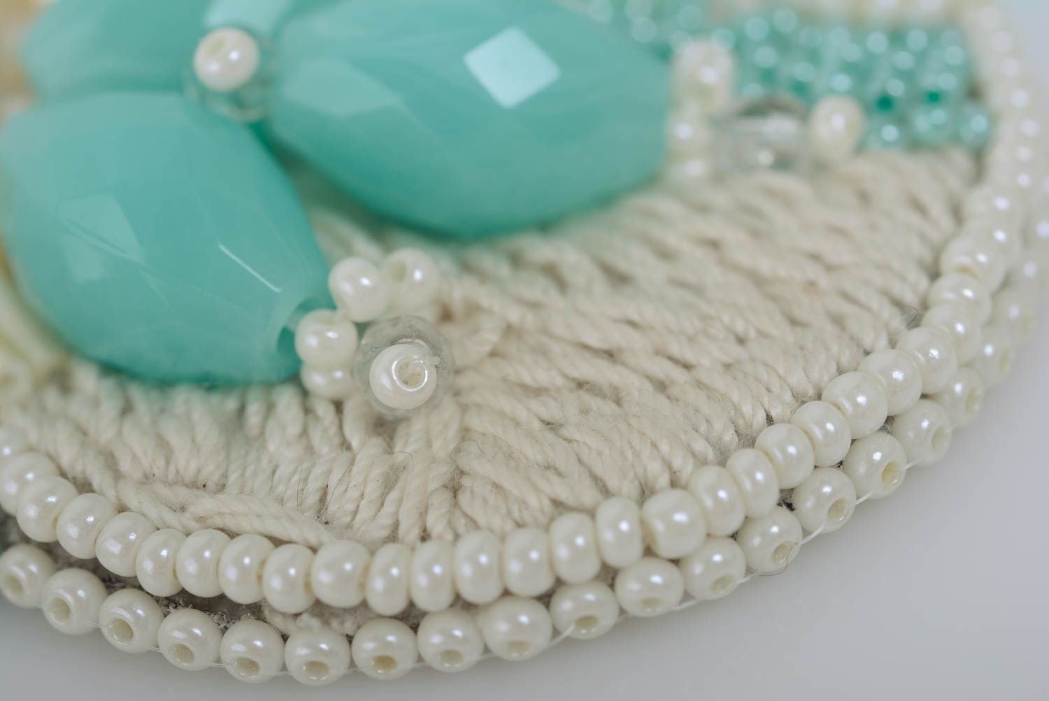Handmade tender cream and blue bead embroidered necklace with natural stones photo 4