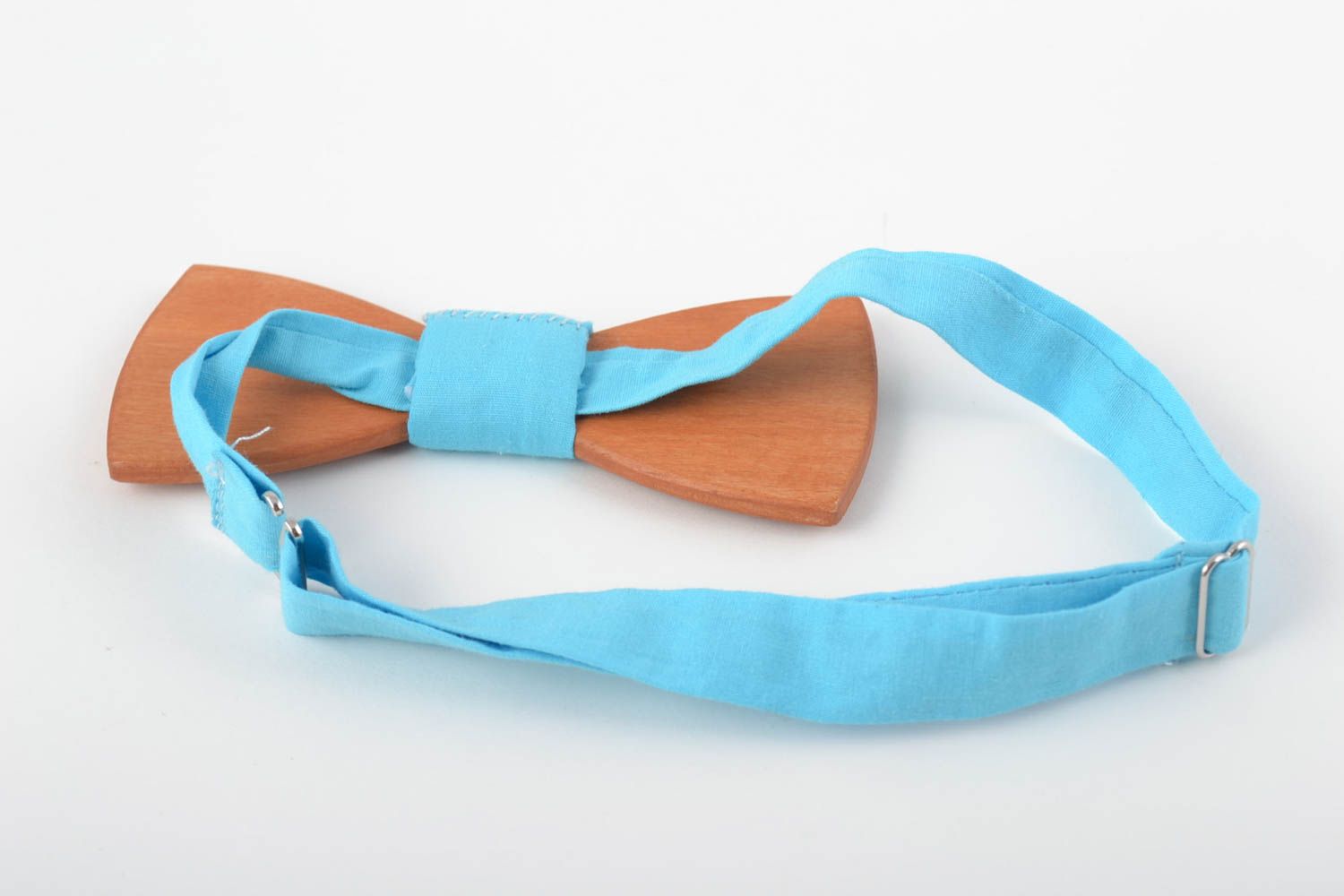 Handmade designer wooden bow tie with light blue fabric strap photo 3
