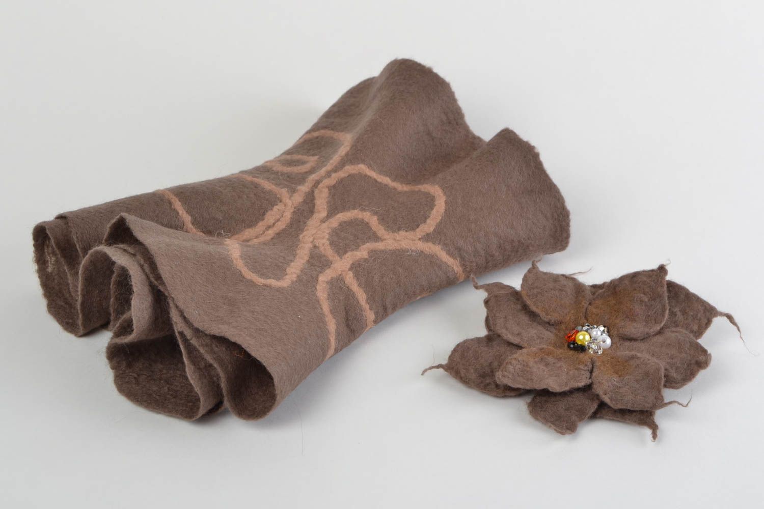 Warm scarf with flower brooch made of merino wool coffee with milk color  photo 4