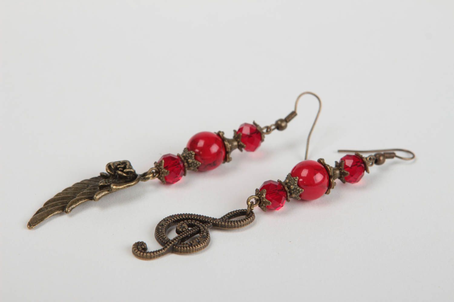 Handmade metal earrings accessory with red beads unusual stylish jewelry photo 3