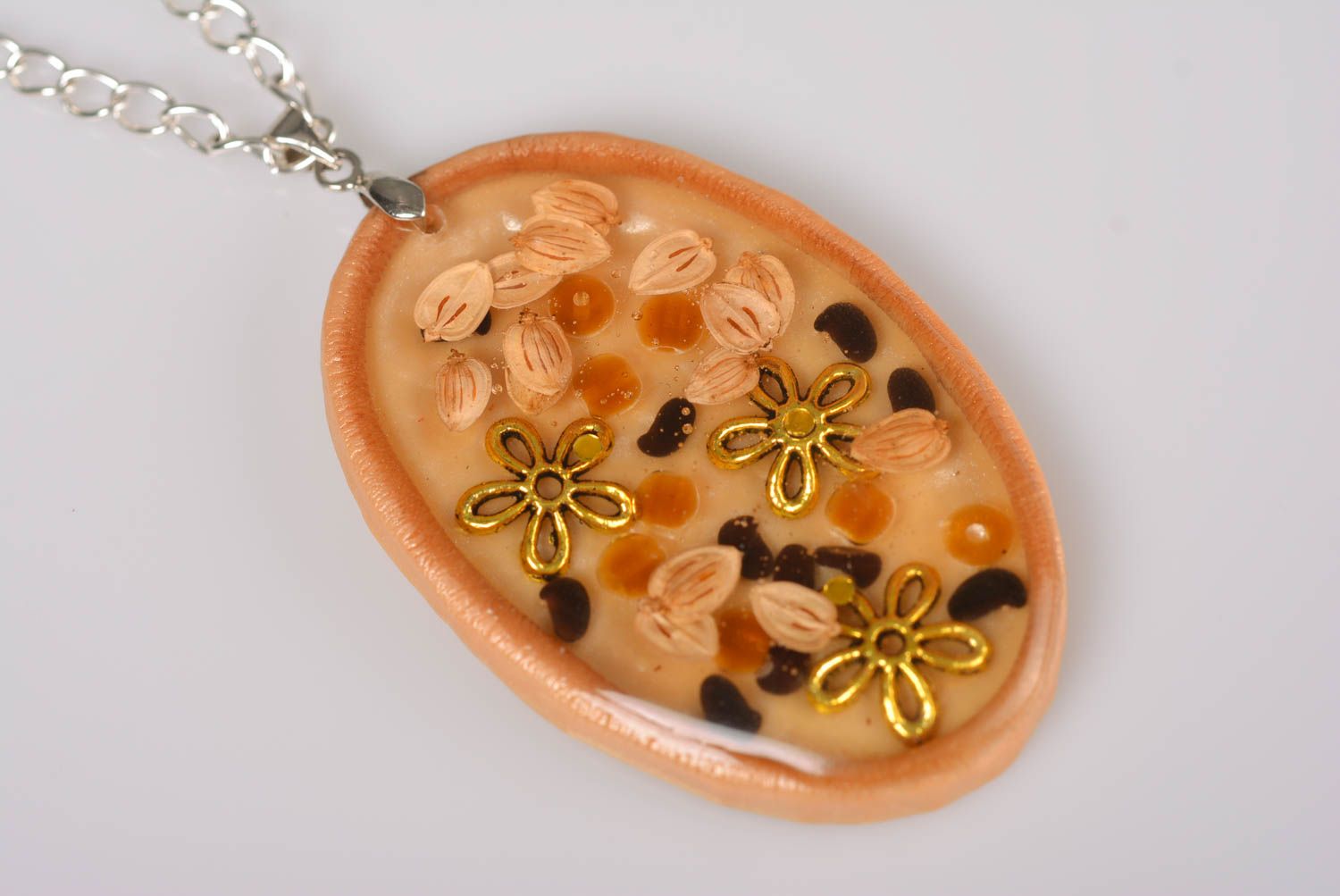 Handmade designer oval pendant on polymer clay basis with epoxy resin on chain photo 5