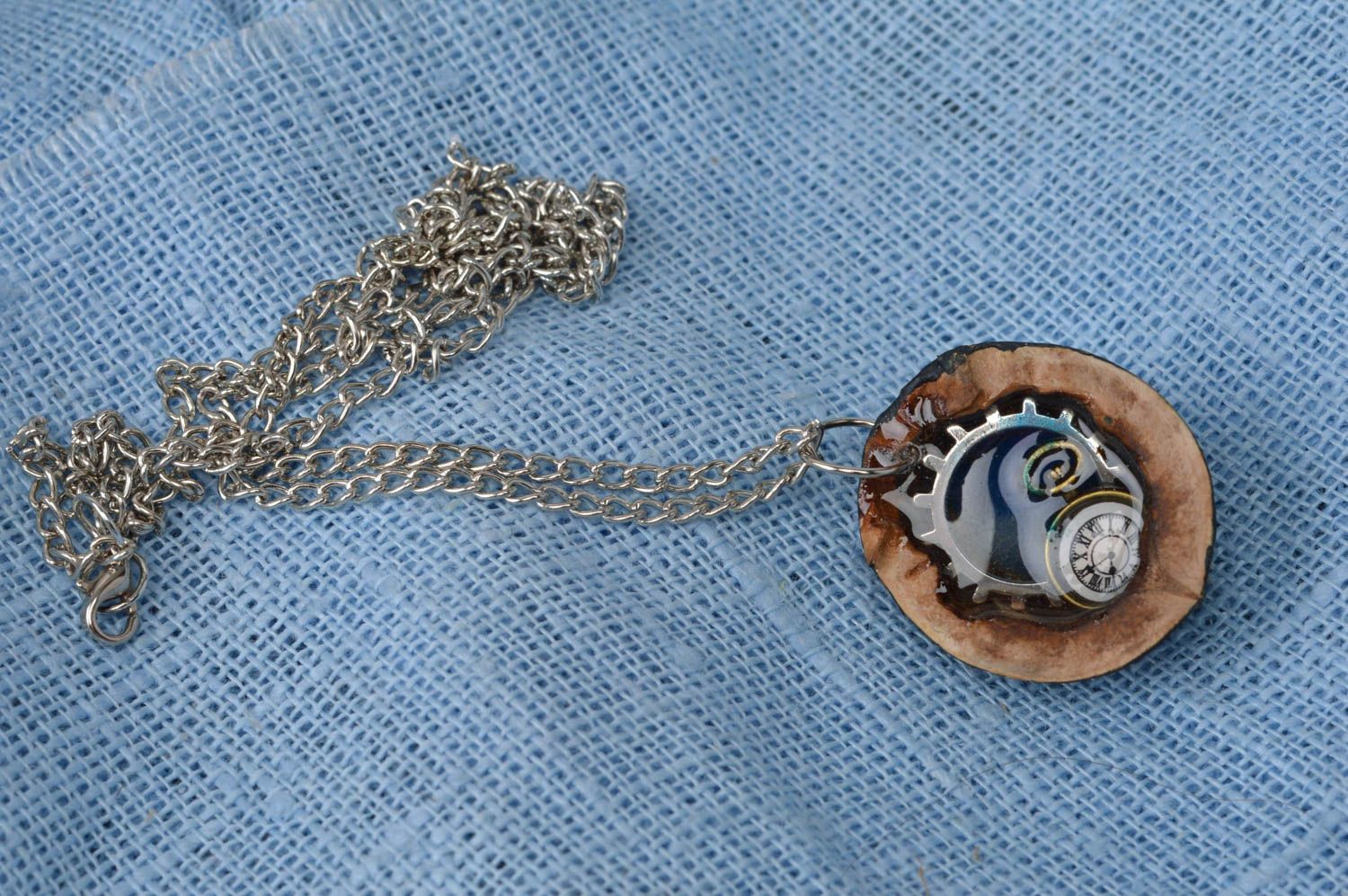 Unusual handmade glowing in the dark neck pendant with nutshell on long chain photo 2