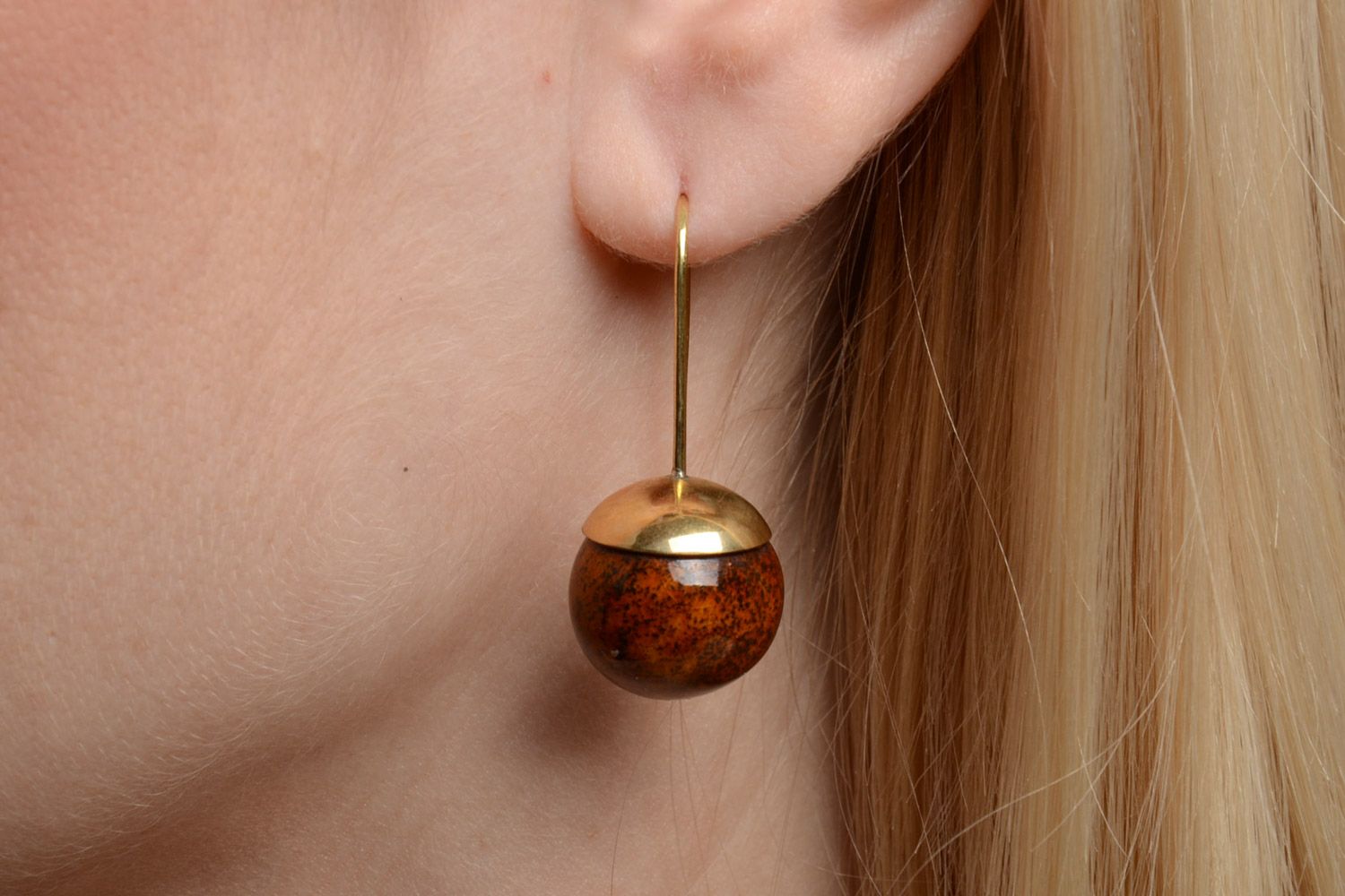 Handmade elegant dangling latten earrings with ceramic beads of brown color photo 5