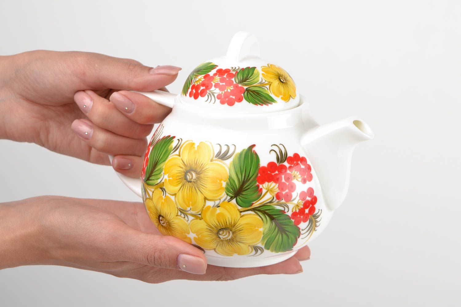 Заварочный чайник с петриковской росписью фарфоровый ручной работы объем 750 мл фото 2