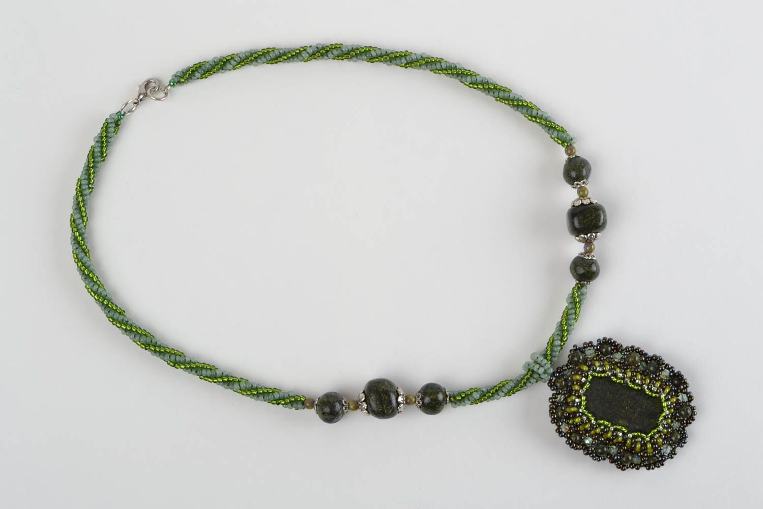 Beautiful green handmade massive beaded pendant with natural stones photo 4