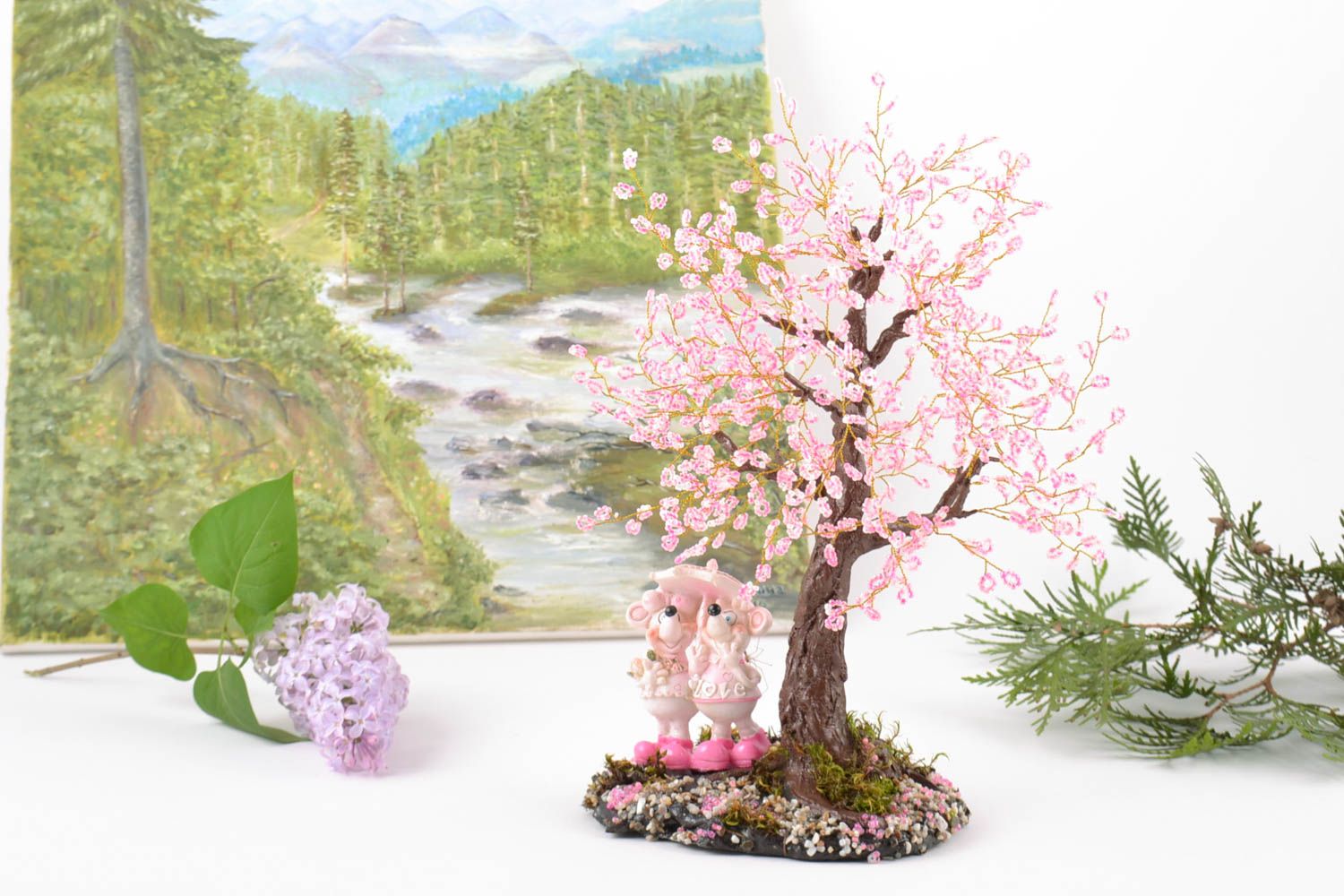 Handmade decorative beaded tree pink blooming sakura with small lamb figurines photo 1