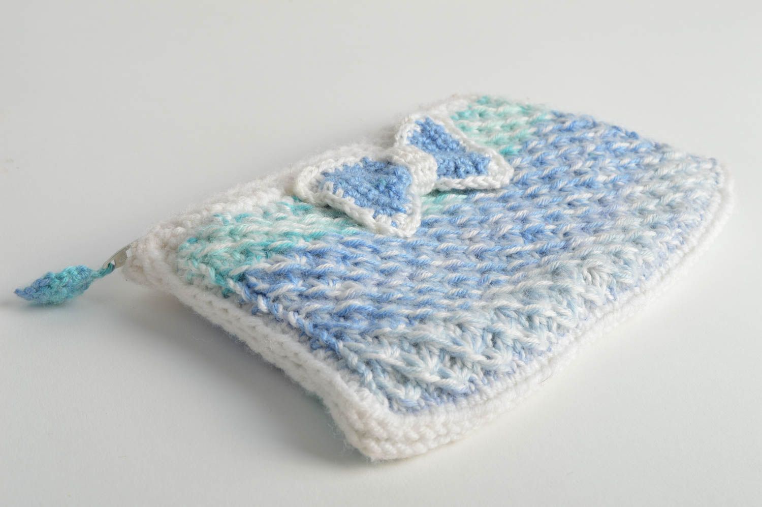 Beautiful handmade designer crochet beauty bag of light blue color with zipper photo 3