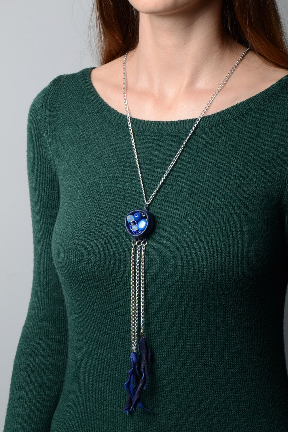 Long pendentif en cuir pierres naturelles perles de rocaille fait main bleu photo 1
