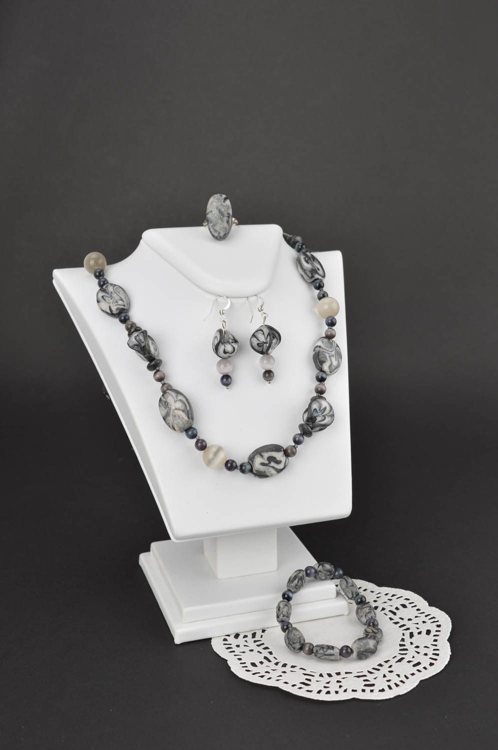 Handmade bracelet long earrings plastic beads ring polymer clay jewelry set  photo 1