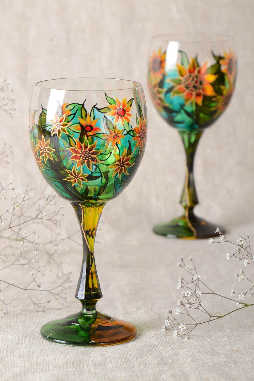 Colored wine glasses 2 handmade wine goblets 300 ml housewarming gift idea photo 1