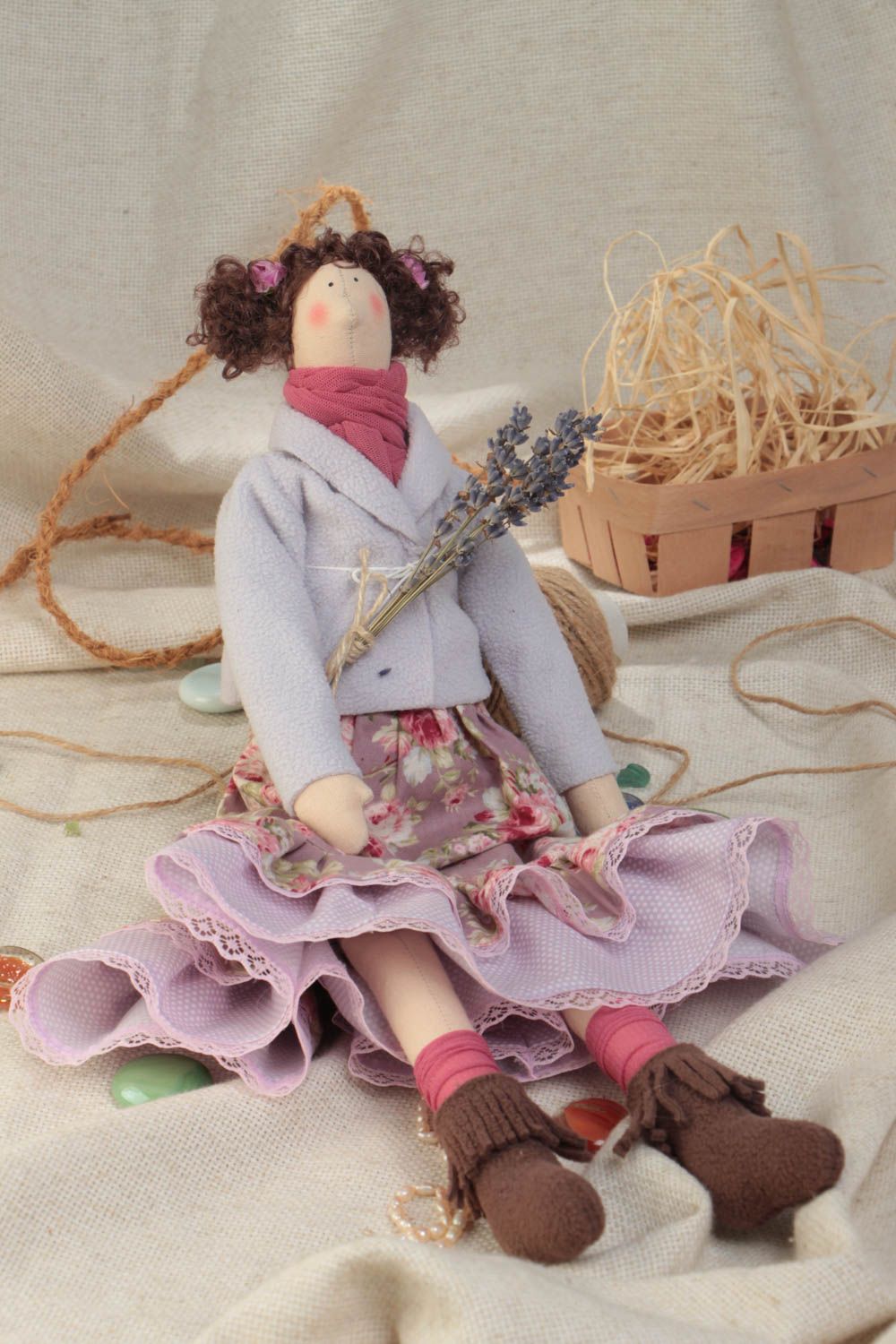 Handmade designer small fabric soft doll with curly hair in violet color palette photo 1
