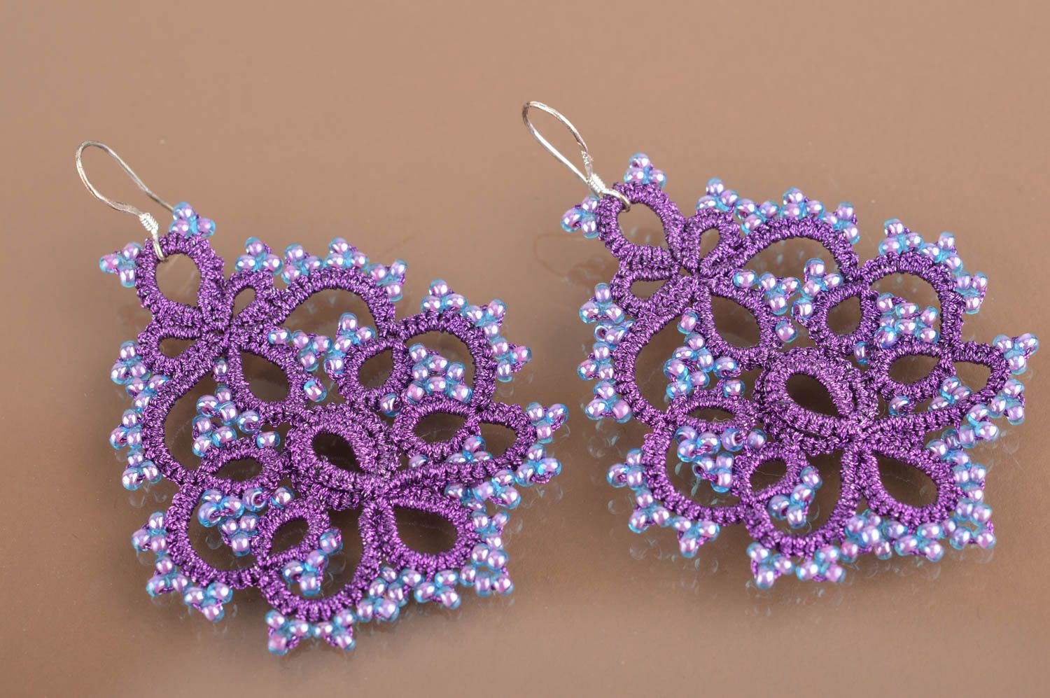 Unusual beautiful handmade designer lilac tatting lace earrings with beads photo 2