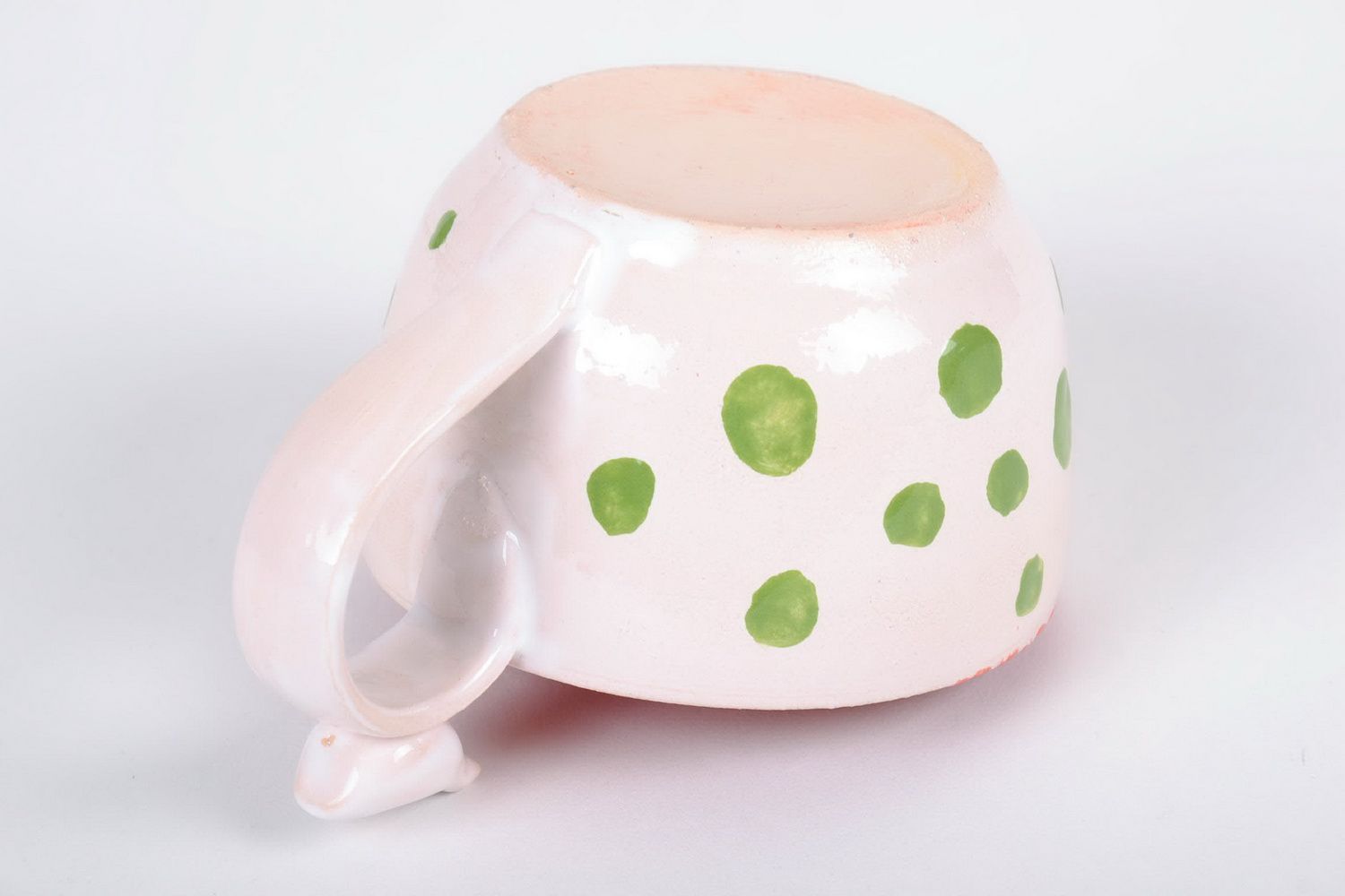 Large coffee 8 oz cup with handle and white, orange, and lime dots pattern photo 3