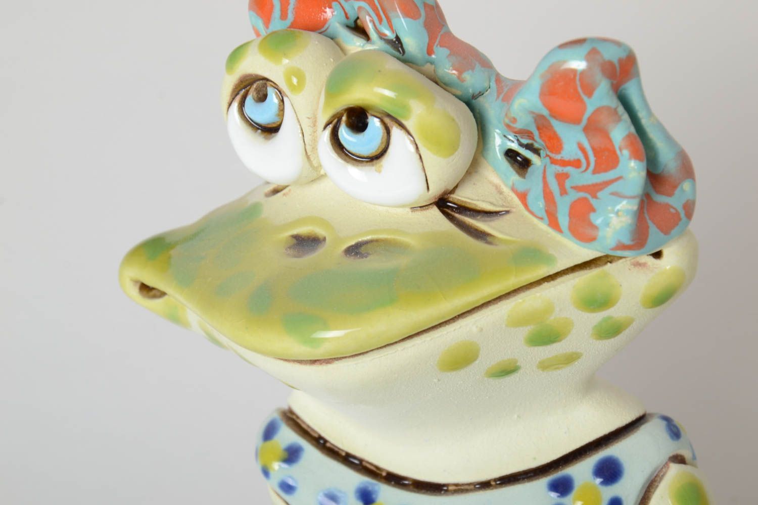 Unusual handmade statuette clay figurine frog colorful designer home decor photo 3