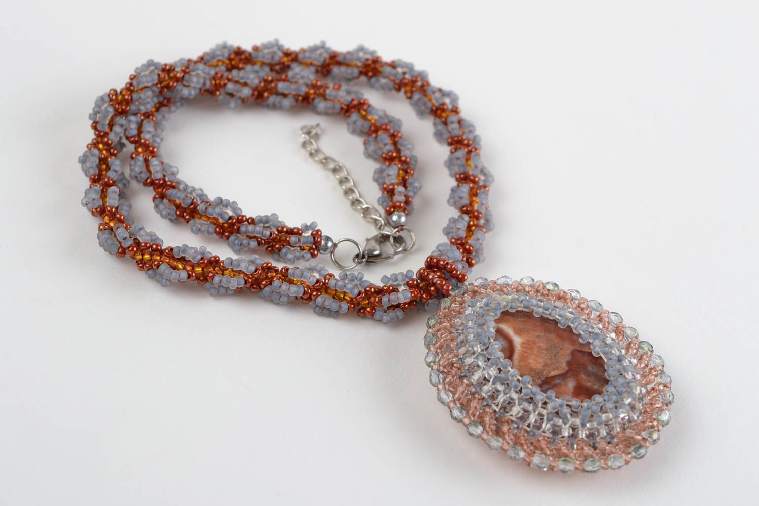 Beaded long designer handmade pendant made of natural stones  photo 5