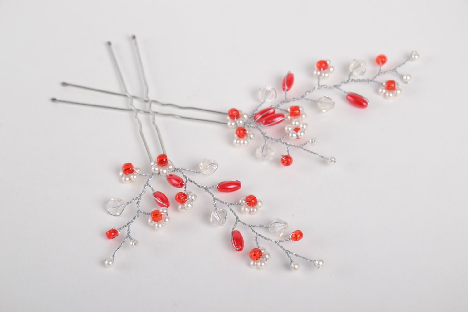 Rote Blumen Haarnadeln mit Blättern Set handgemachter Schmuck Haar Accessoires foto 4