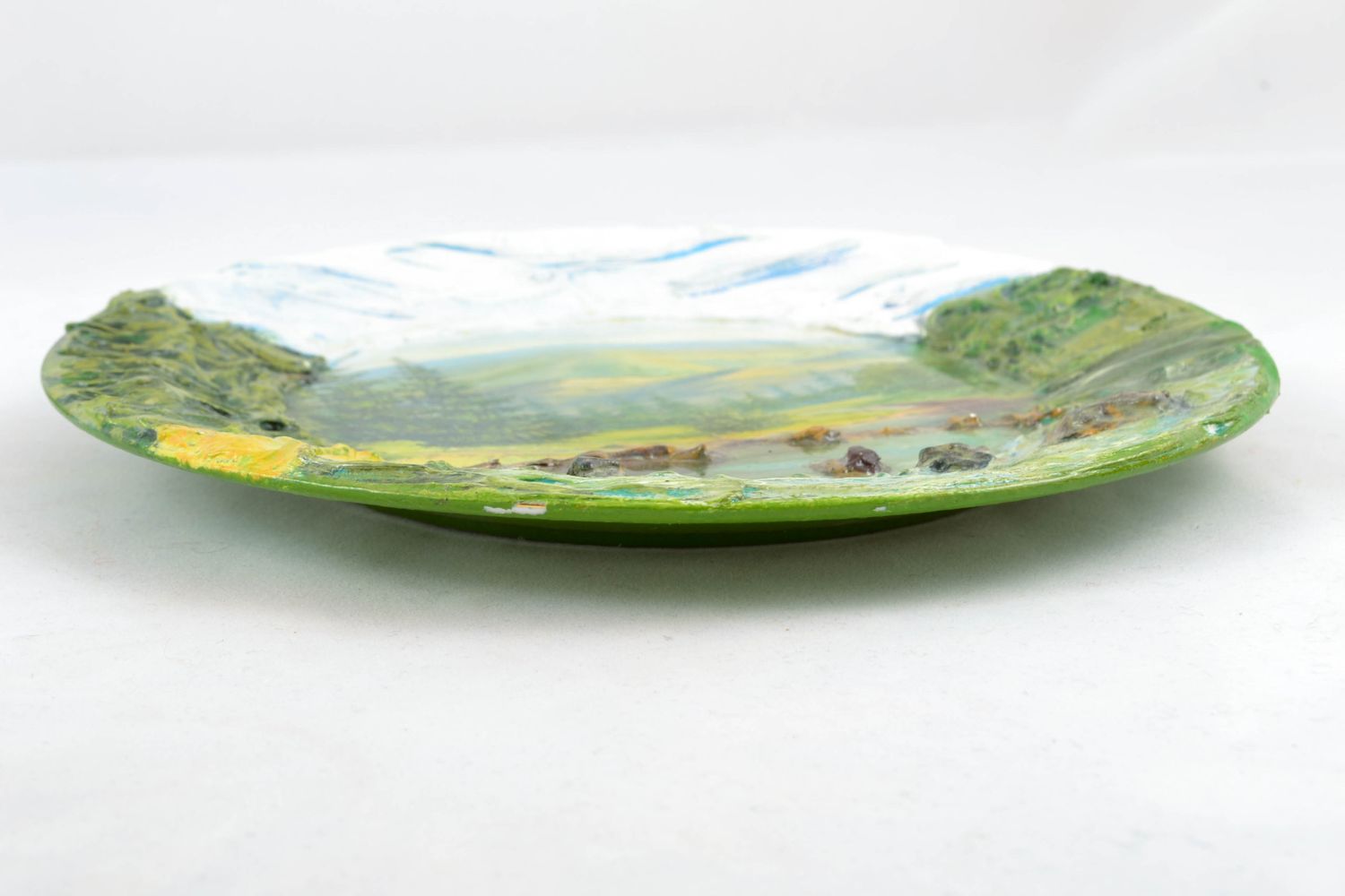 Porcelain wall plate decorated using decoupage technique Morning in Mountains photo 5