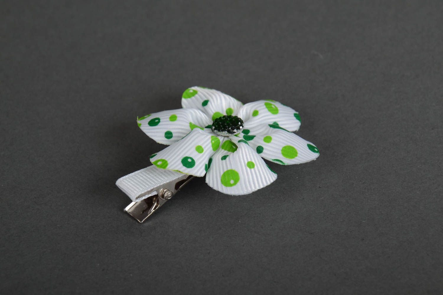 Homemade designer hair clip with white and green satin ribbon kanzashi flower photo 2