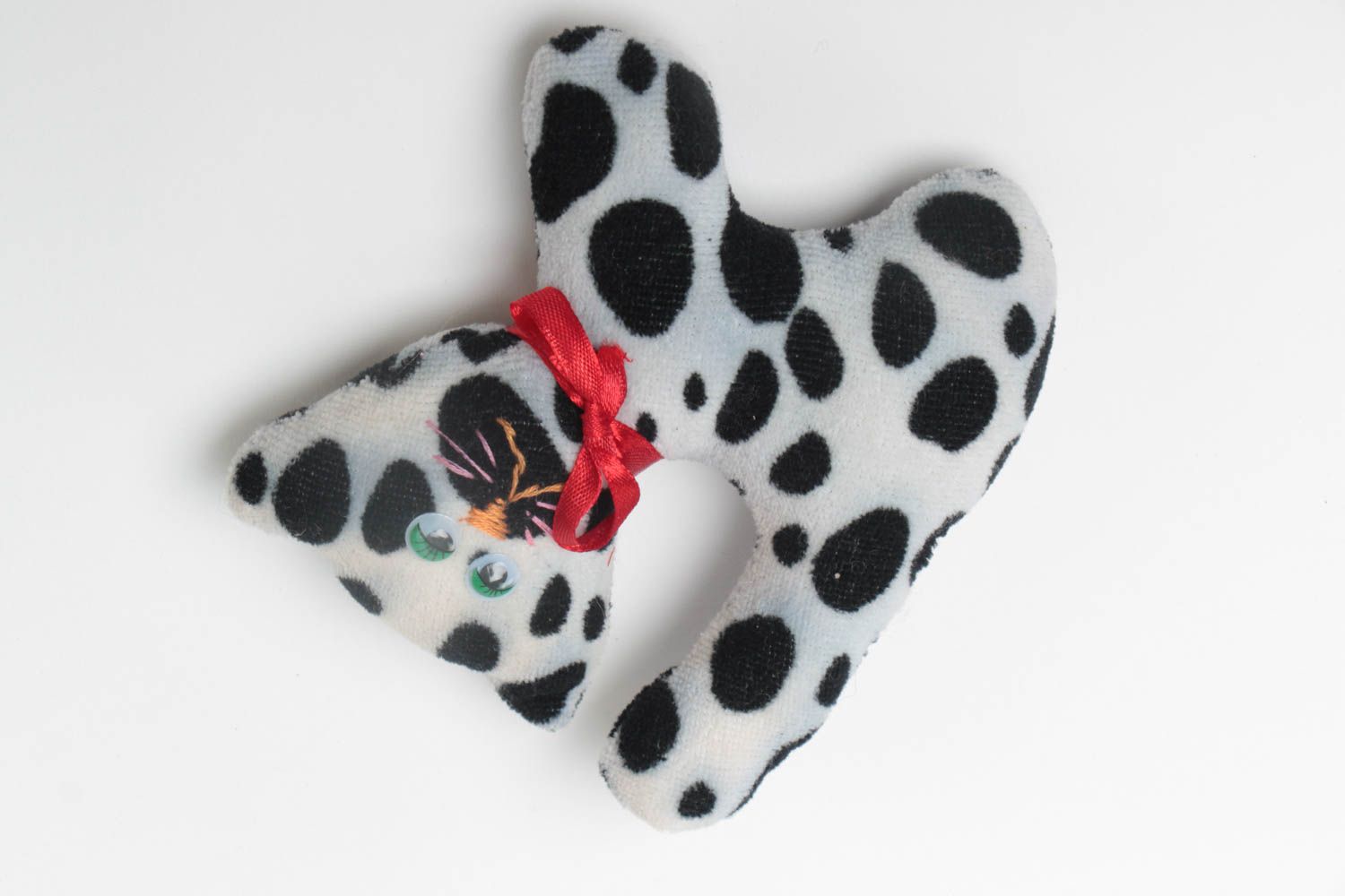 Handmade designer fleece soft toy black and white kitten with red bow for kids photo 2