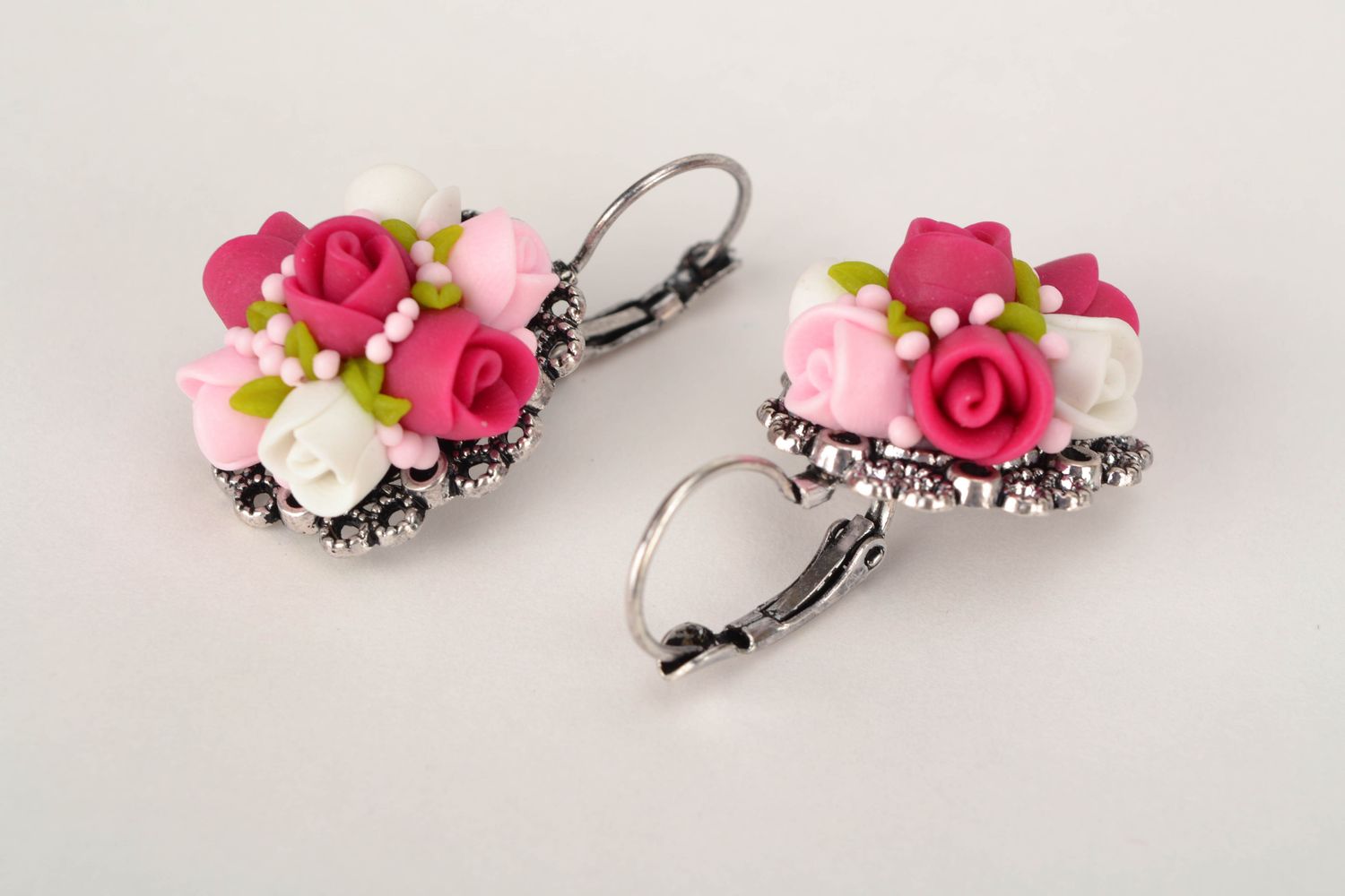 Metal earrings with plastic flowers Rose Bush photo 3
