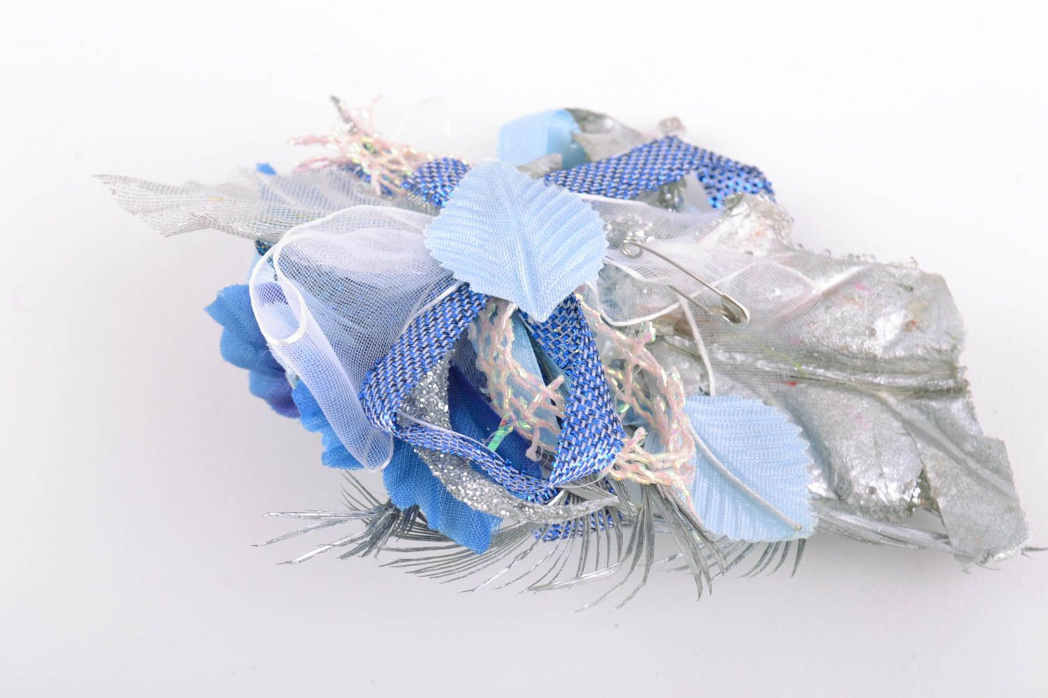 Handmade decorative beautiful blank for hair clip or brooch with blue flowers photo 3