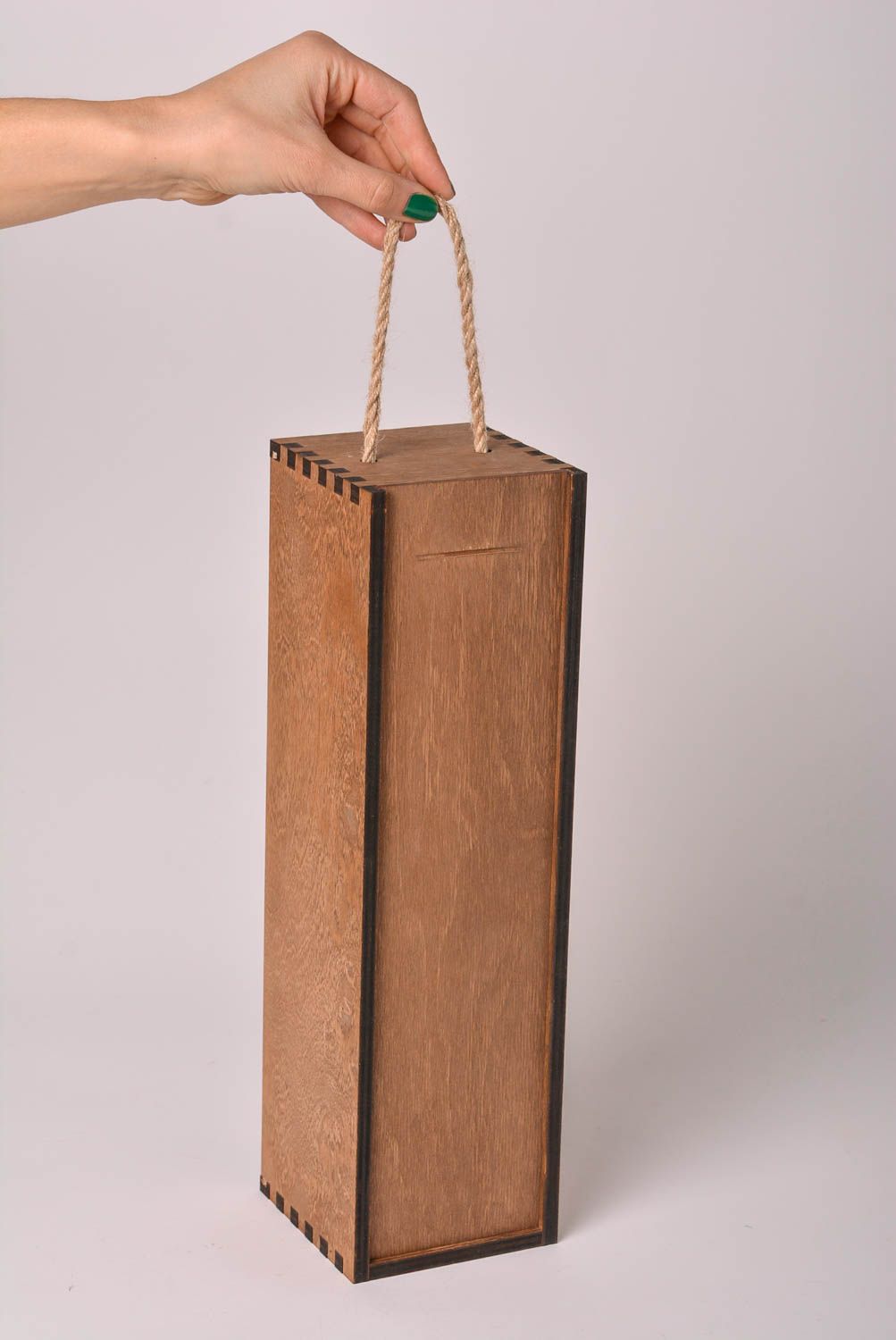 Porte-bouteille Boîte bois fait main avec corde couleur marron Accessoire vin photo 1