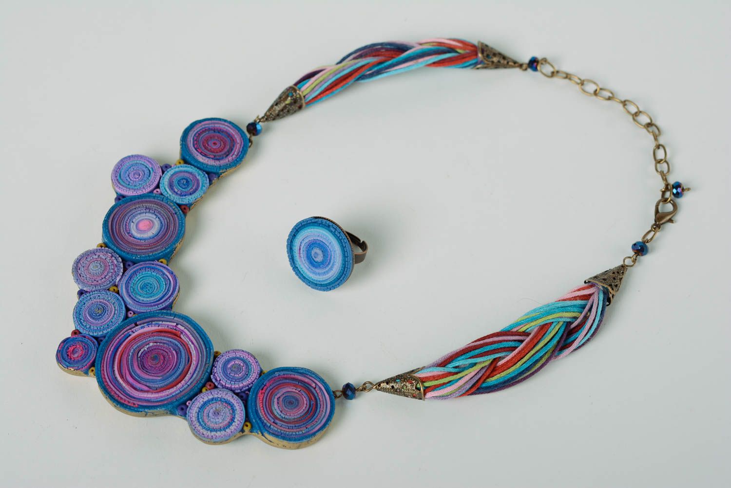 Beautiful handmade polymer clay jewelry set 2 items blue necklace and ring photo 1
