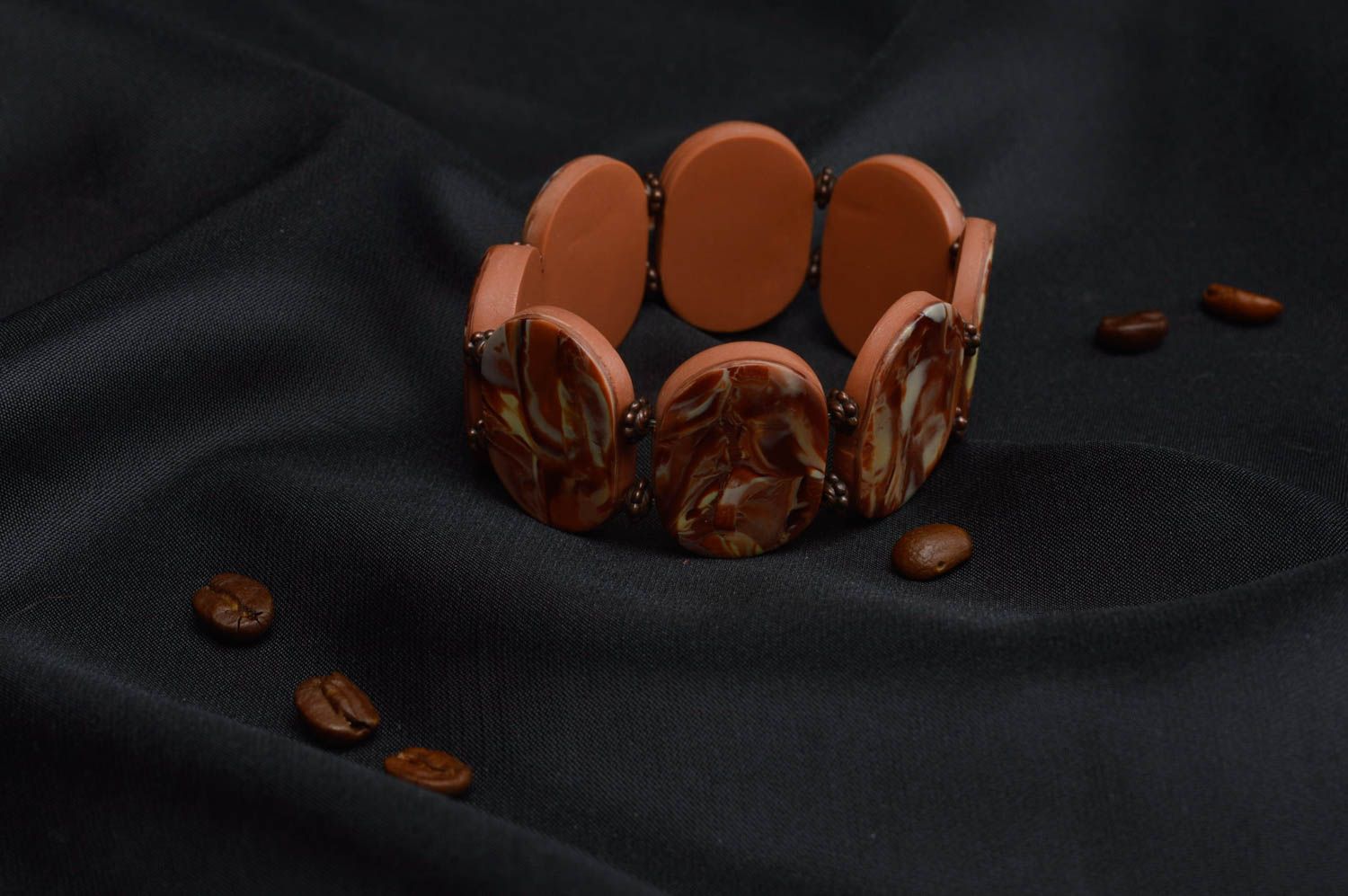 Bracelet en pâte polymère brun large original fait main stylé joli Marbre photo 1